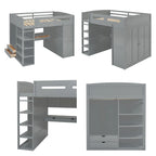 Full Size Loft Bed with Desk, Wardrobe, Drawers & Shelves – Gray / White, 1-Person
