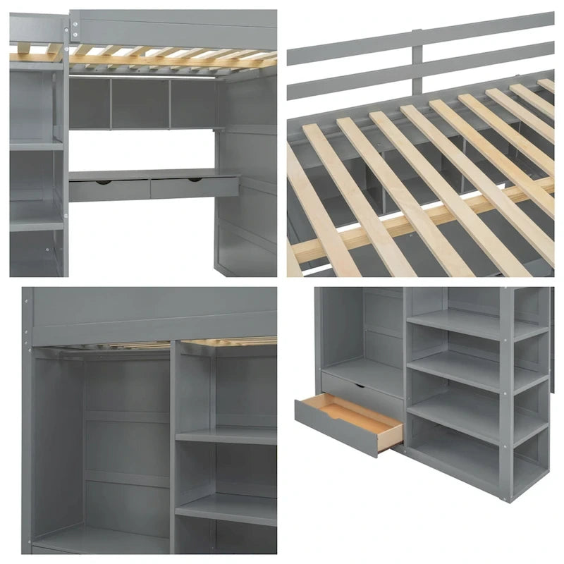 Full Size Loft Bed with Desk, Wardrobe, Drawers & Shelves – Gray / White, 1-Person