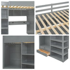 Full Size Loft Bed with Desk, Wardrobe, Drawers & Shelves – Gray / White, 1-Person
