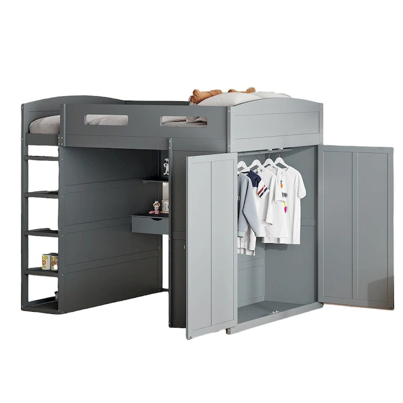 Full Size Loft Bed with Desk, Wardrobe, Drawers & Shelves – Gray / White, 1-Person