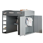 Full Size Loft Bed with Desk, Wardrobe, Drawers & Shelves – Gray / White, 1-Person