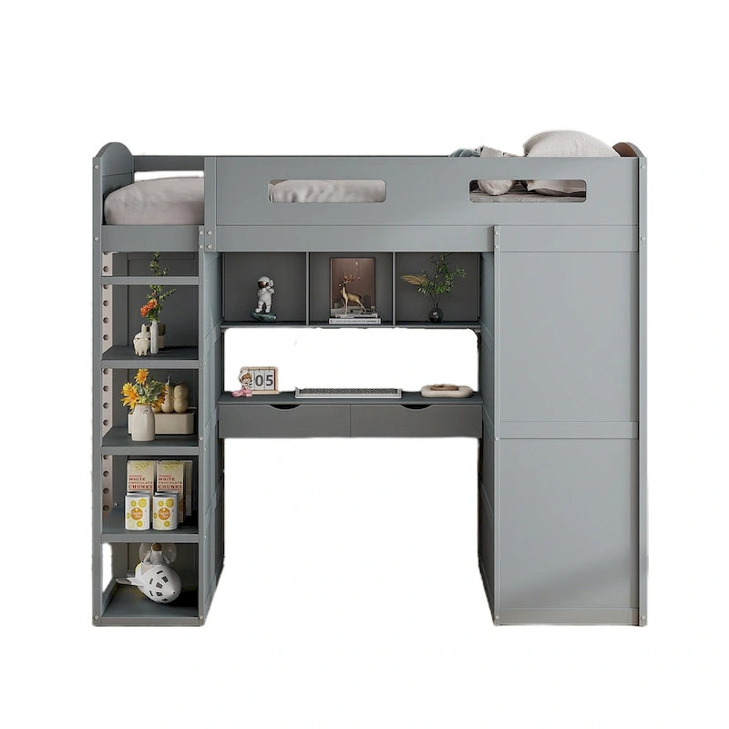 Full Size Loft Bed with Desk, Wardrobe, Drawers & Shelves – Gray / White, 1-Person