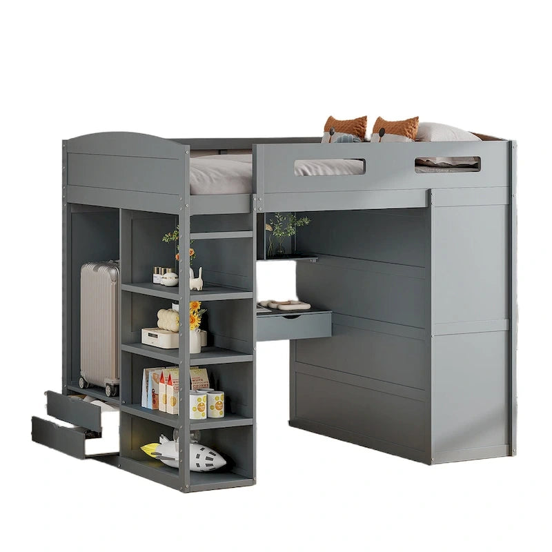 Full Size Loft Bed with Desk, Wardrobe, Drawers & Shelves – Gray / White, 1-Person