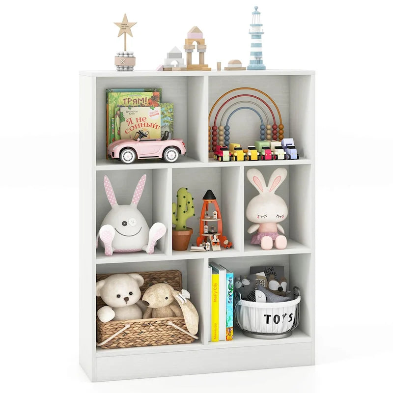 White/Brown 7-Cube Kids Toy Storage Organizer Bookcase, 1-Person Assembly