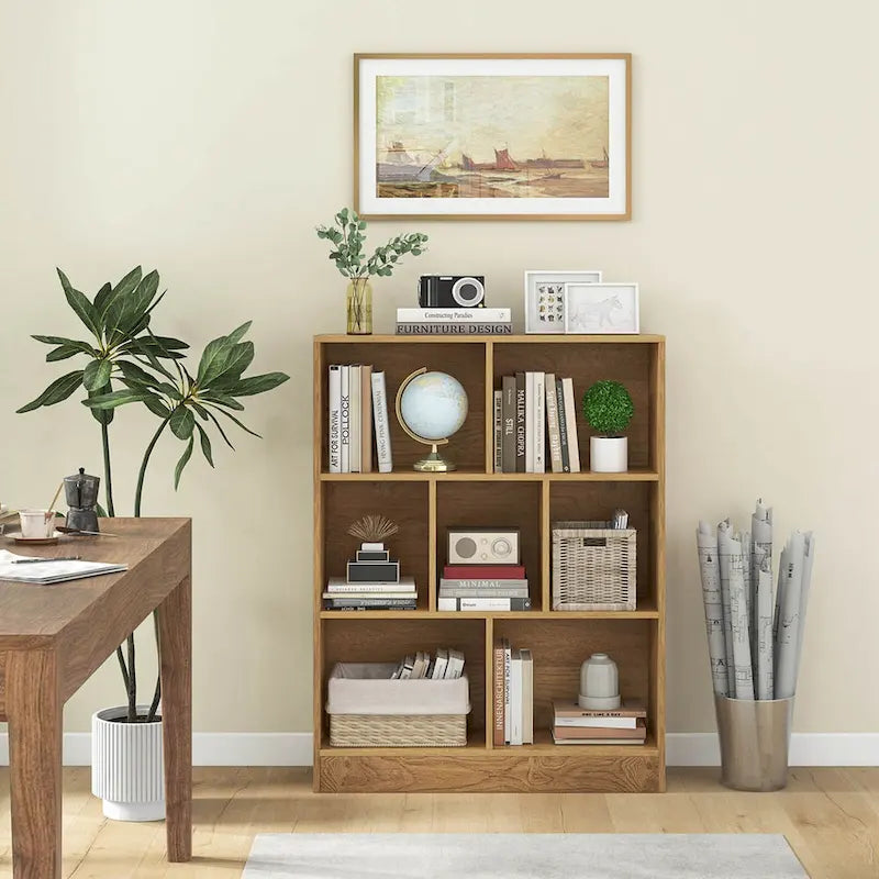 White/Brown 7-Cube Kids Toy Storage Organizer Bookcase, 1-Person Assembly