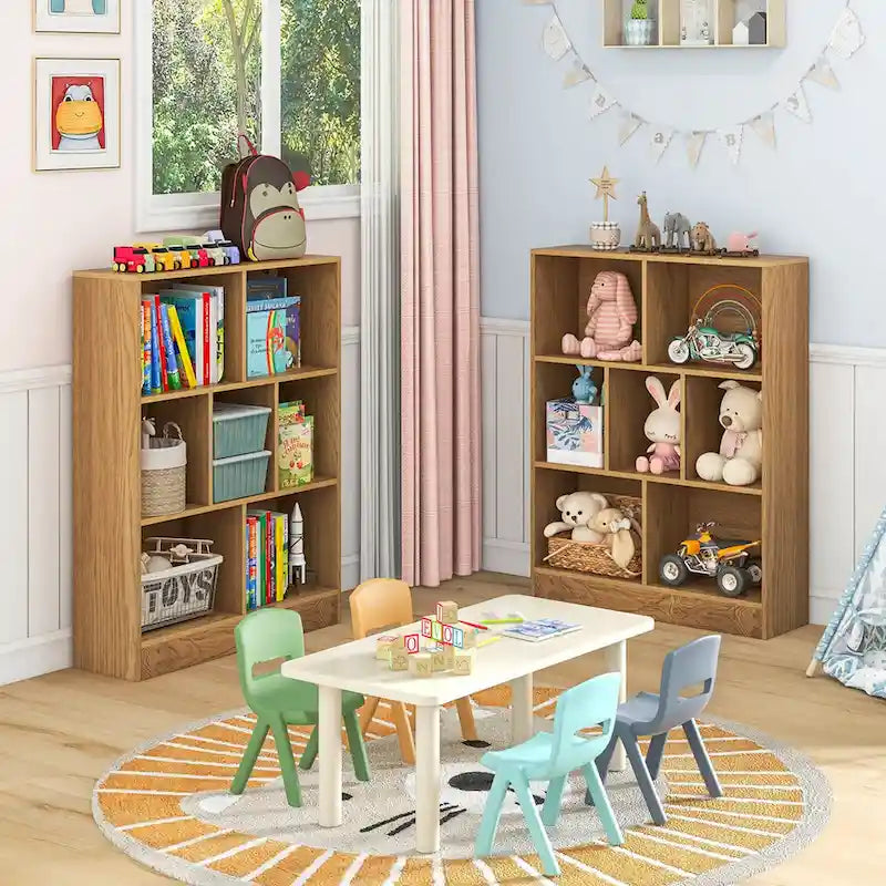 White/Brown 7-Cube Kids Toy Storage Organizer Bookcase, 1-Person Assembly
