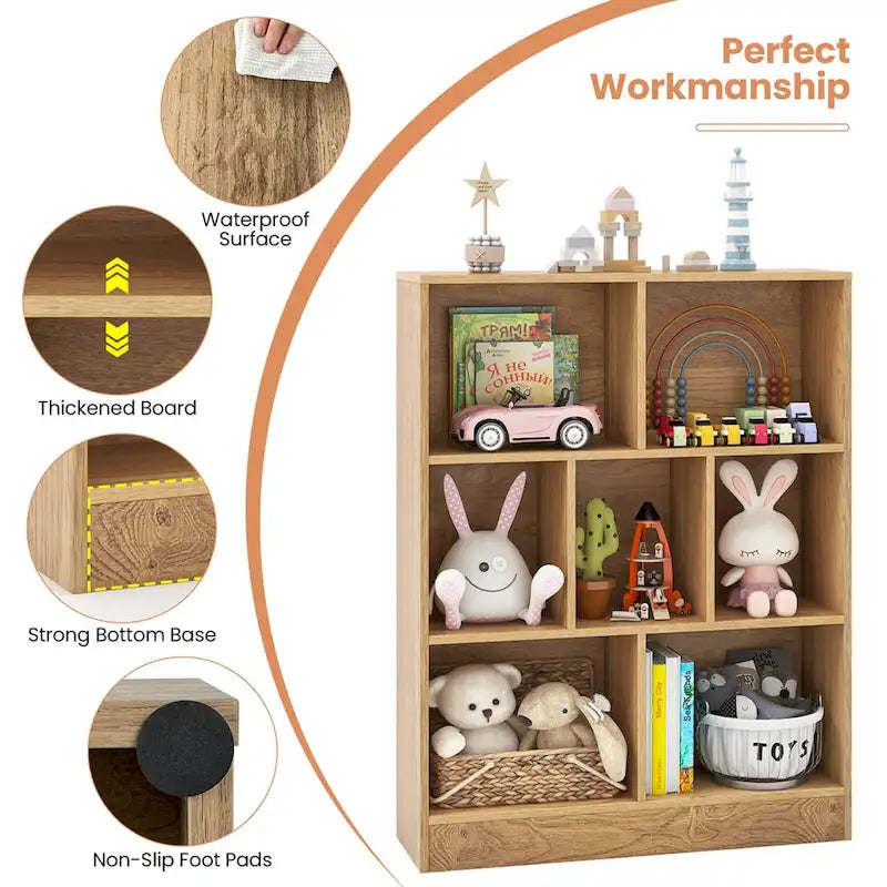 White/Brown 7-Cube Kids Toy Storage Organizer Bookcase, 1-Person Assembly