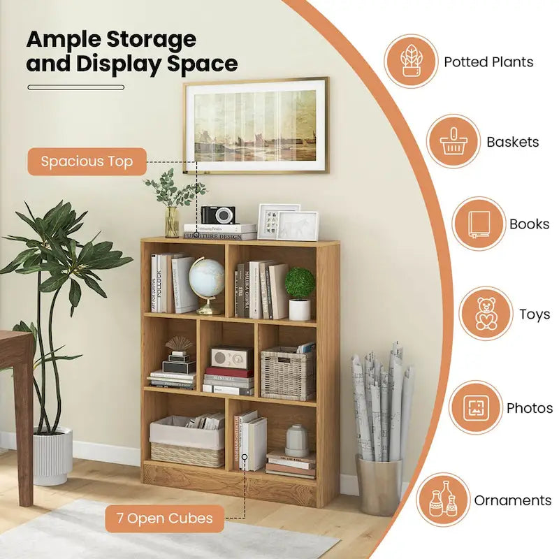 White/Brown 7-Cube Kids Toy Storage Organizer Bookcase, 1-Person Assembly