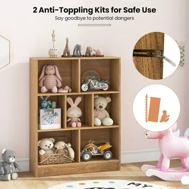 White/Brown 7-Cube Kids Toy Storage Organizer Bookcase, 1-Person Assembly