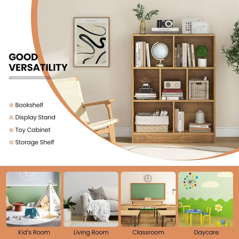 White/Brown 7-Cube Kids Toy Storage Organizer Bookcase, 1-Person Assembly