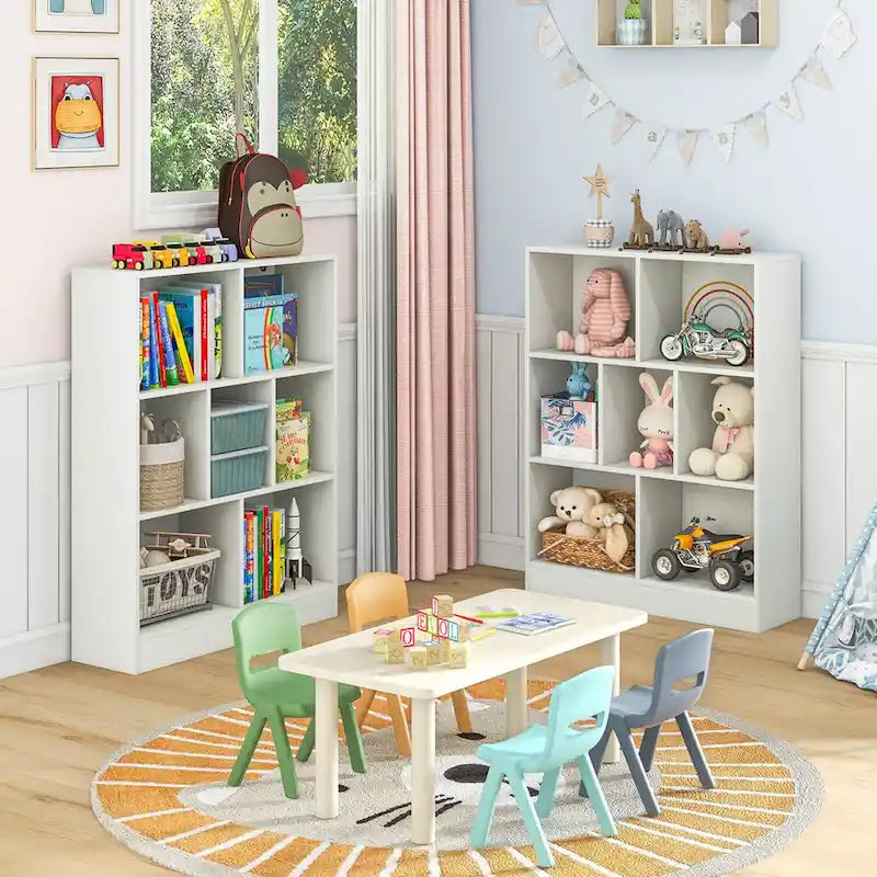 White/Brown 7-Cube Kids Toy Storage Organizer Bookcase, 1-Person Assembly