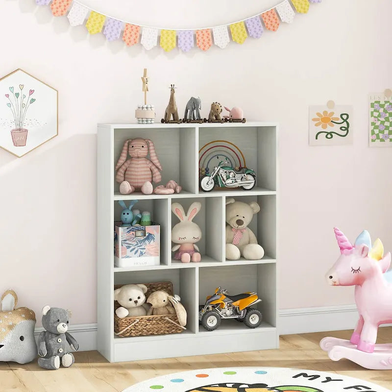 White/Brown 7-Cube Kids Toy Storage Organizer Bookcase, 1-Person Assembly