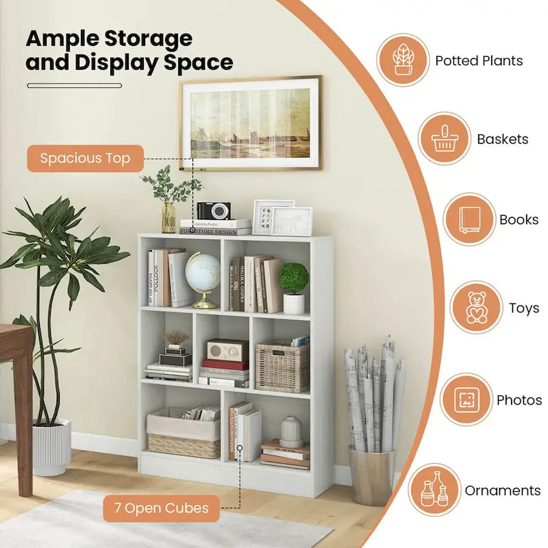 White/Brown 7-Cube Kids Toy Storage Organizer Bookcase, 1-Person Assembly