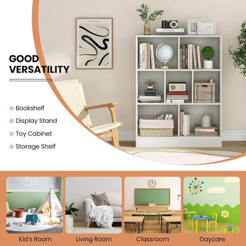 White/Brown 7-Cube Kids Toy Storage Organizer Bookcase, 1-Person Assembly