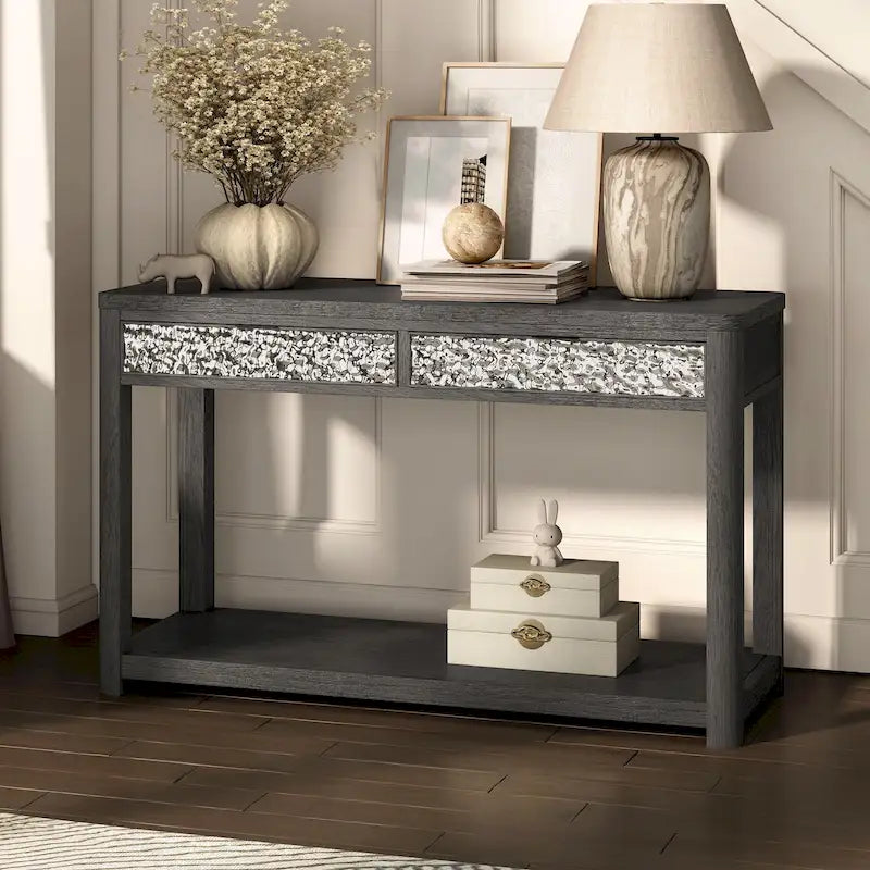 Ash Grey 2-Drawer Sofa Table with Open Shelf