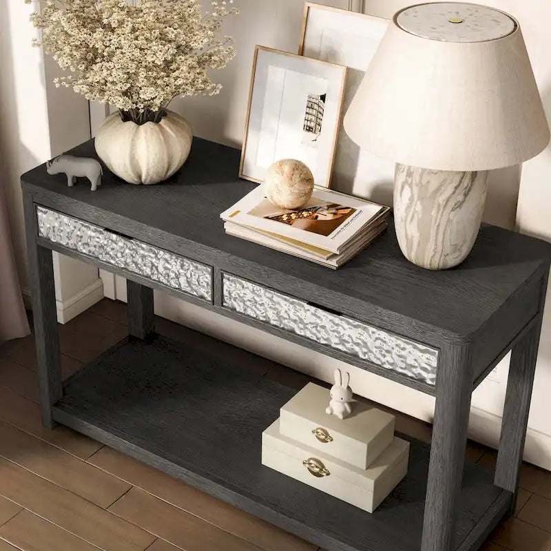 Ash Grey 2-Drawer Sofa Table with Open Shelf