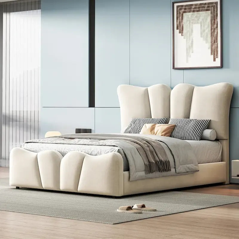 Beige Velvet Upholstered Bed with Headboard & Footboard – Twin, Sleeps 1
