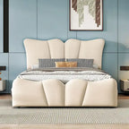 Beige Velvet Upholstered Bed with Headboard & Footboard – Twin, Sleeps 1
