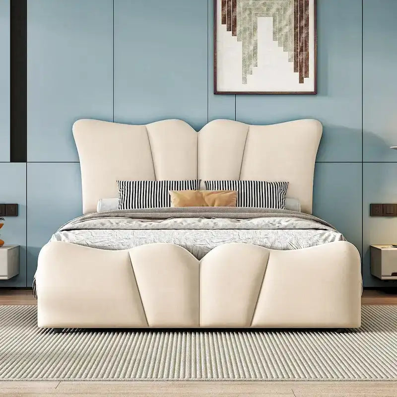 Beige Velvet Upholstered Bed with Headboard & Footboard – Twin, Sleeps 1