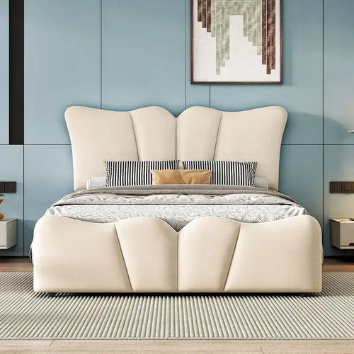 Lit capitonné en velours beige avec tête et pied de lit – Simple, 1 place