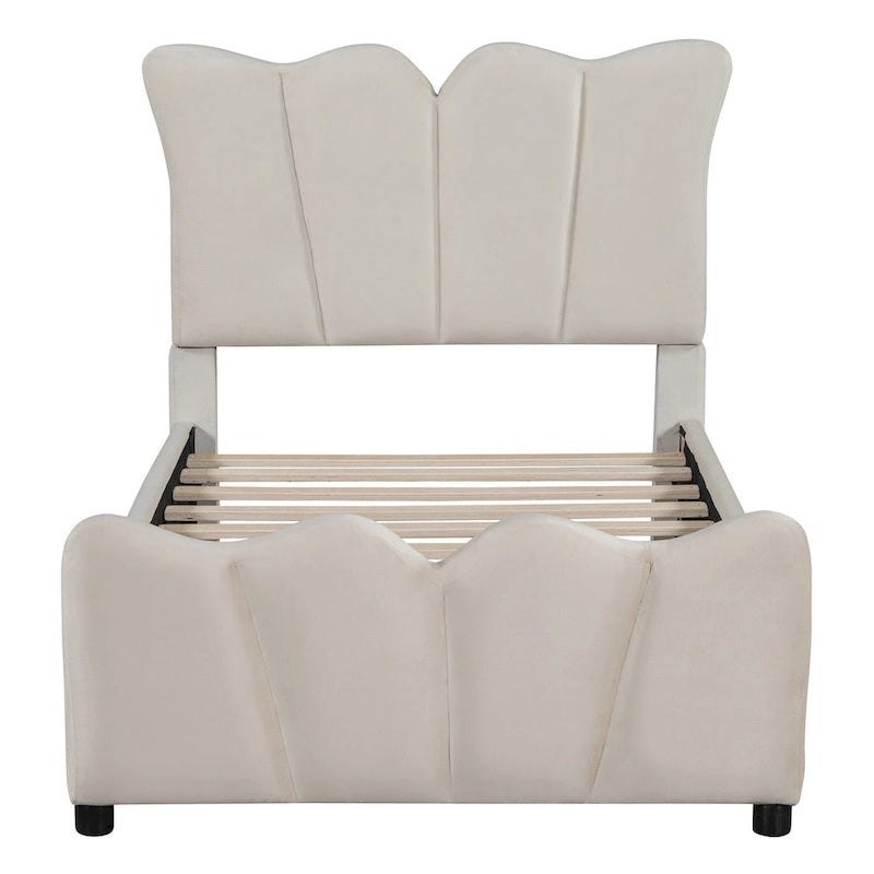 Beige Velvet Upholstered Bed with Headboard & Footboard – Twin, Sleeps 1