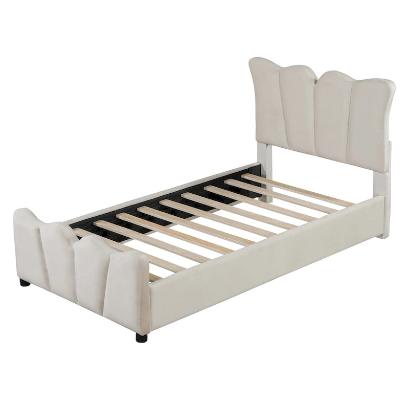 Beige Velvet Upholstered Bed with Headboard & Footboard – Twin, Sleeps 1