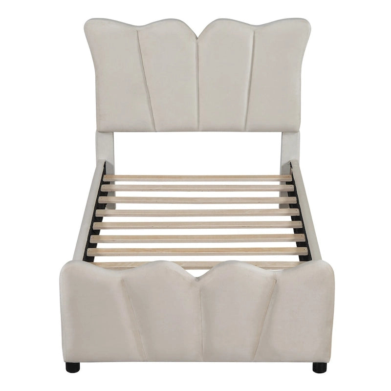 Beige Velvet Upholstered Bed with Headboard & Footboard – Twin, Sleeps 1