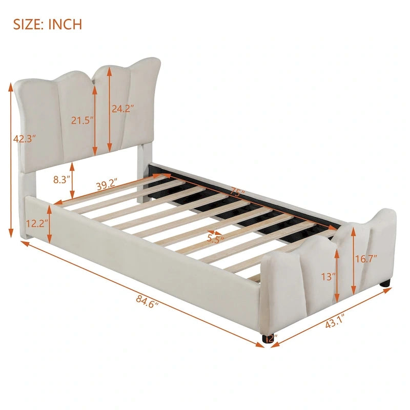 Beige Velvet Upholstered Bed with Headboard & Footboard – Twin, Sleeps 1