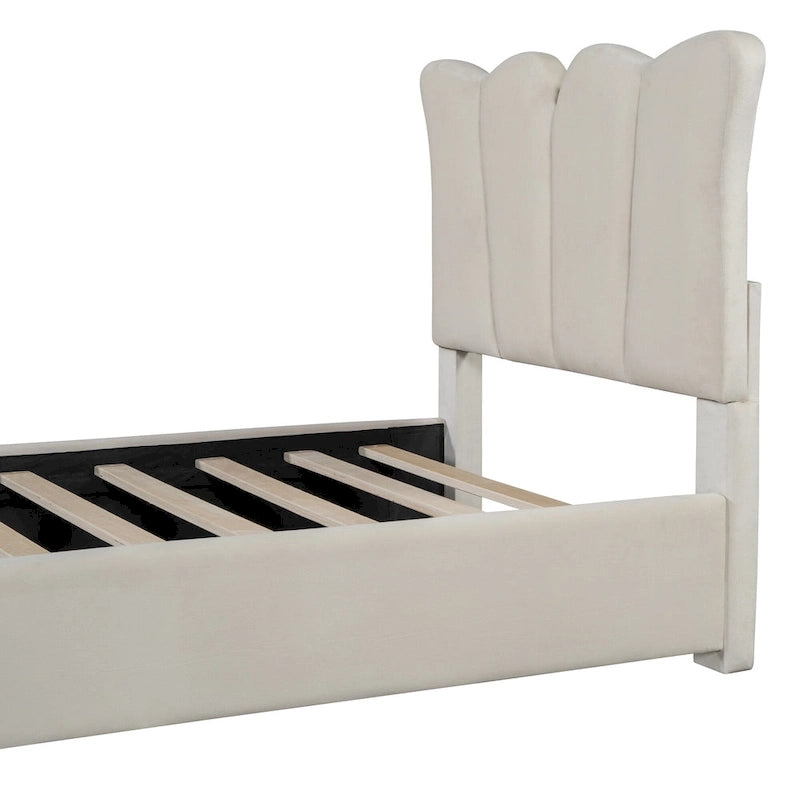 Beige Velvet Upholstered Bed with Headboard & Footboard – Twin, Sleeps 1