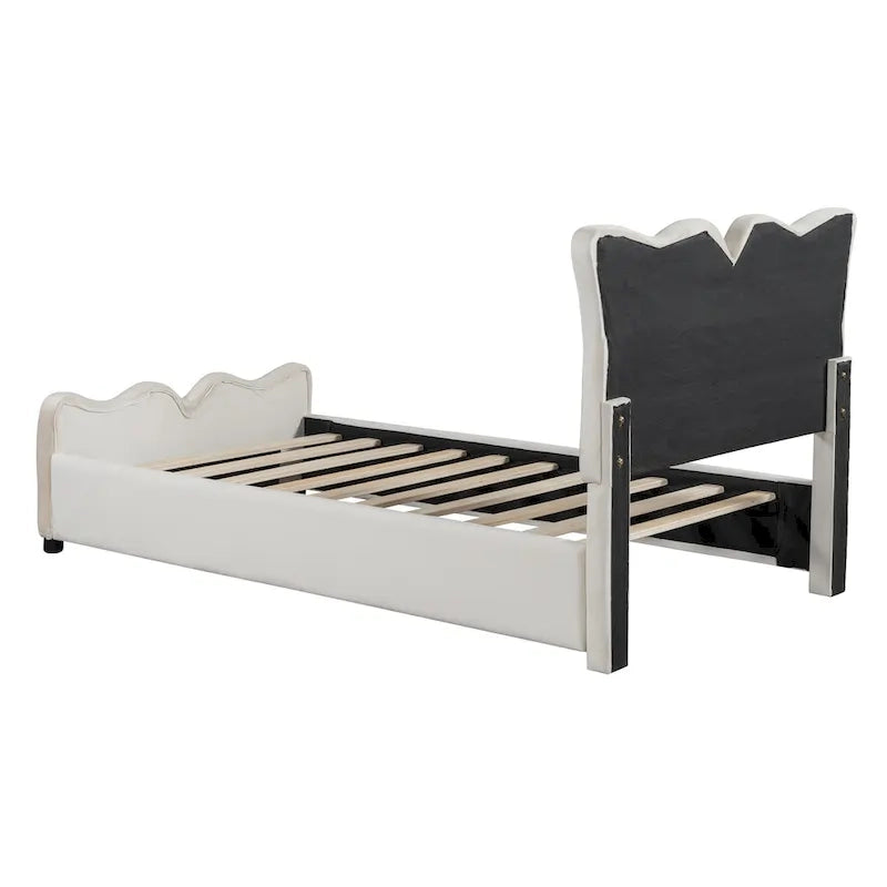 Beige Velvet Upholstered Bed with Headboard & Footboard – Twin, Sleeps 1