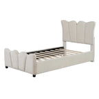 Beige Velvet Upholstered Bed with Headboard & Footboard – Twin, Sleeps 1