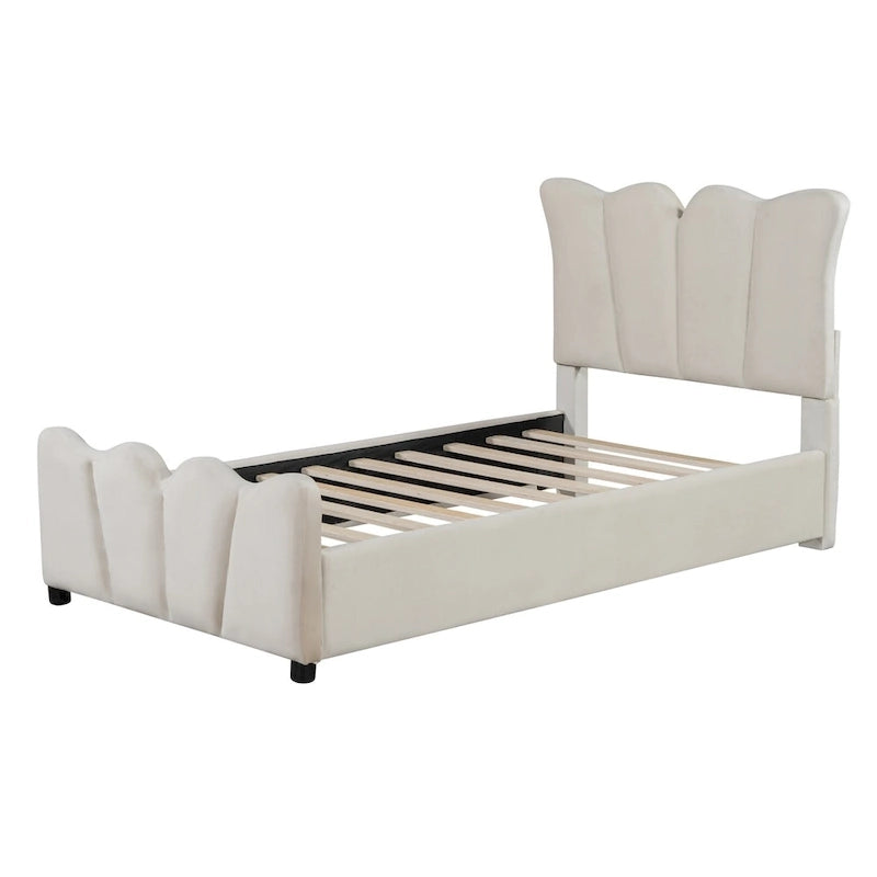 Beige Velvet Upholstered Bed with Headboard & Footboard – Twin, Sleeps 1