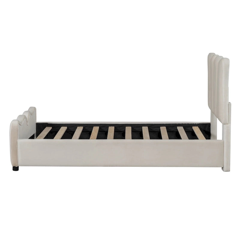 Beige Velvet Upholstered Bed with Headboard & Footboard – Twin, Sleeps 1