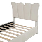 Beige Velvet Upholstered Bed with Headboard & Footboard – Twin, Sleeps 1