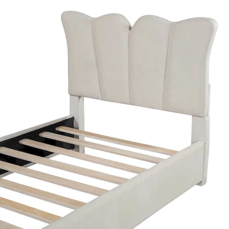 Beige Velvet Upholstered Bed with Headboard & Footboard – Twin, Sleeps 1