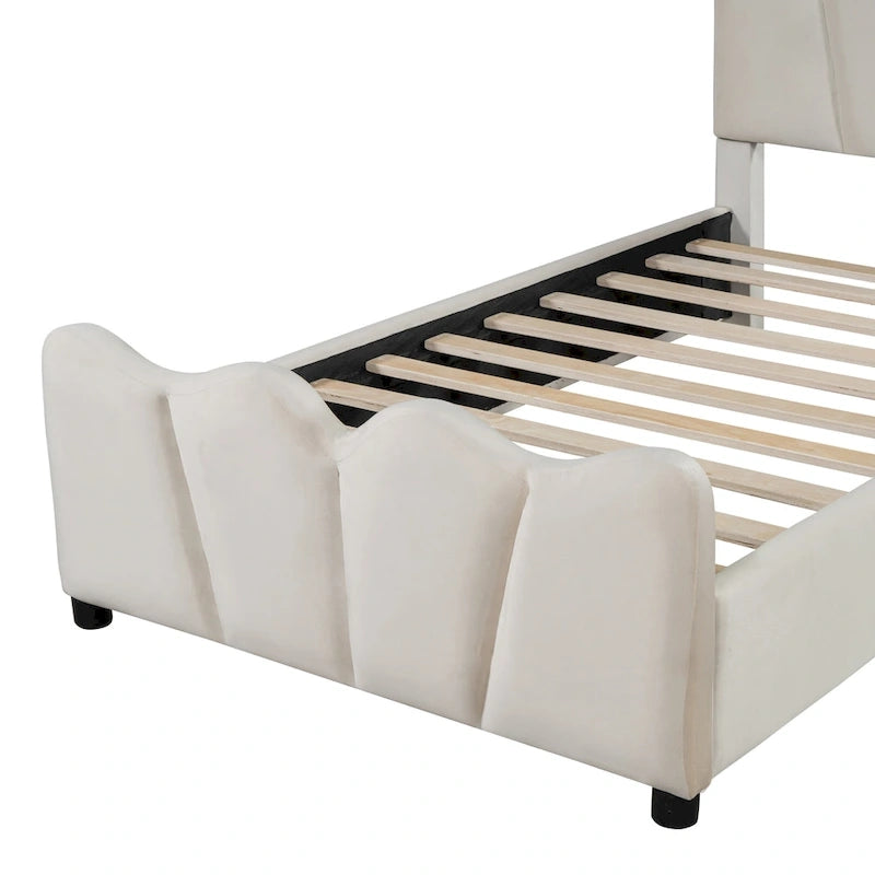Beige Velvet Upholstered Bed with Headboard & Footboard – Twin, Sleeps 1