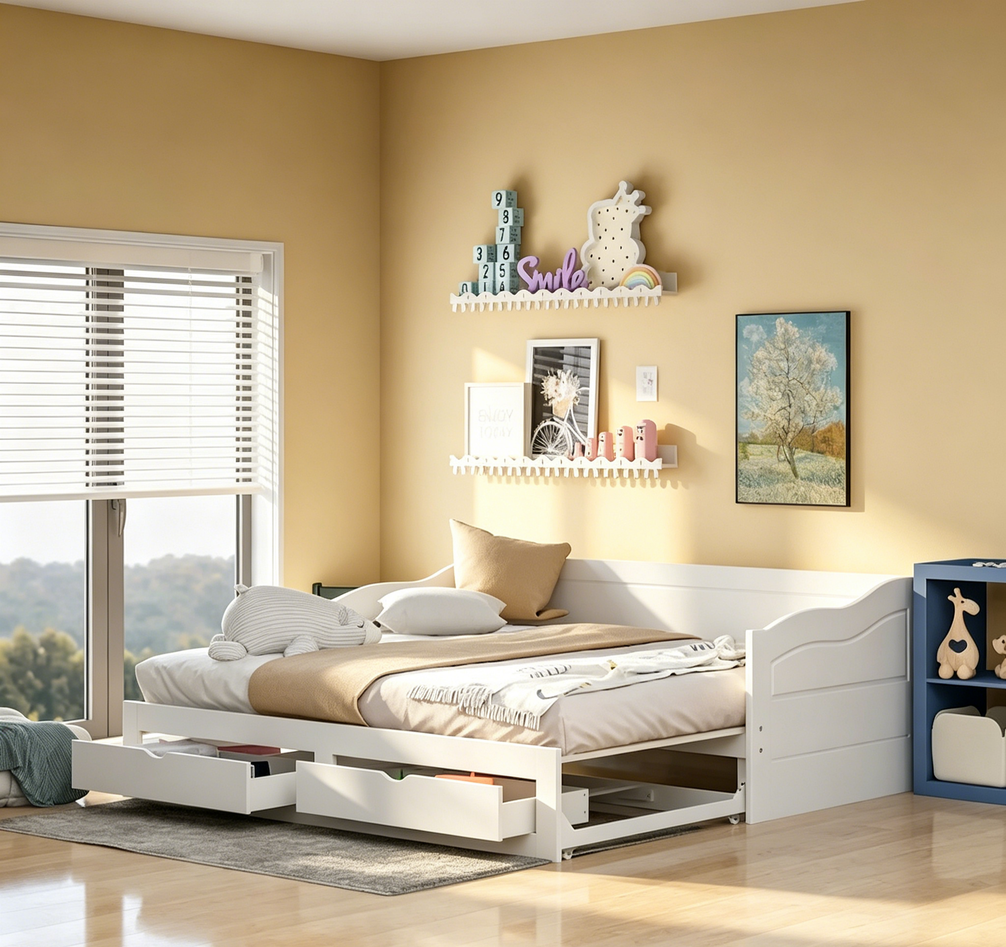 Gray/Espresso/White Wood Daybed with Trundle & 2 Drawers, Twin to King, Sleeps 1–2