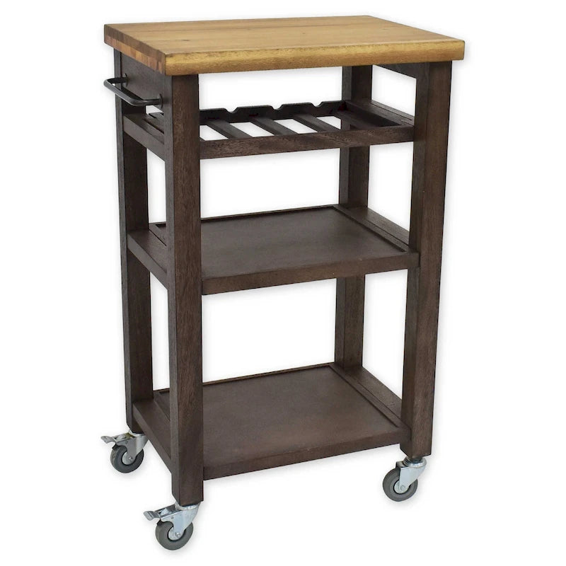 Grey-brown / White Solid Acacia Wood Rolling Kitchen Cart