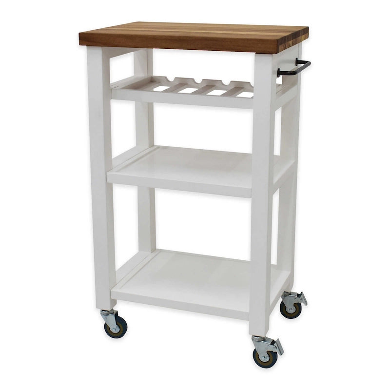 Chariot de cuisine roulant en acacia massif gris-brun et blanc