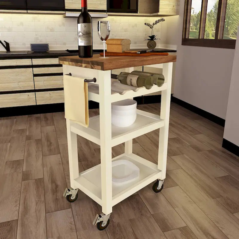 Grey-brown / White Solid Acacia Wood Rolling Kitchen Cart