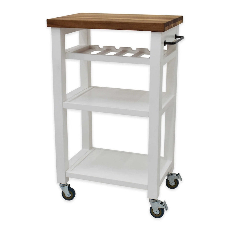 Grey-brown / White Solid Acacia Wood Rolling Kitchen Cart