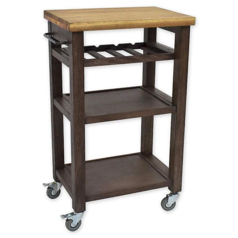 Grey-brown / White Solid Acacia Wood Rolling Kitchen Cart