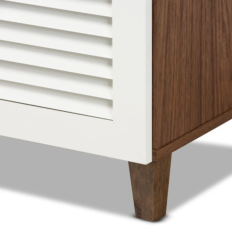 Walnut & White 4-Shelf Shoe Cabinet with Drawer – Fits 12 Pairs