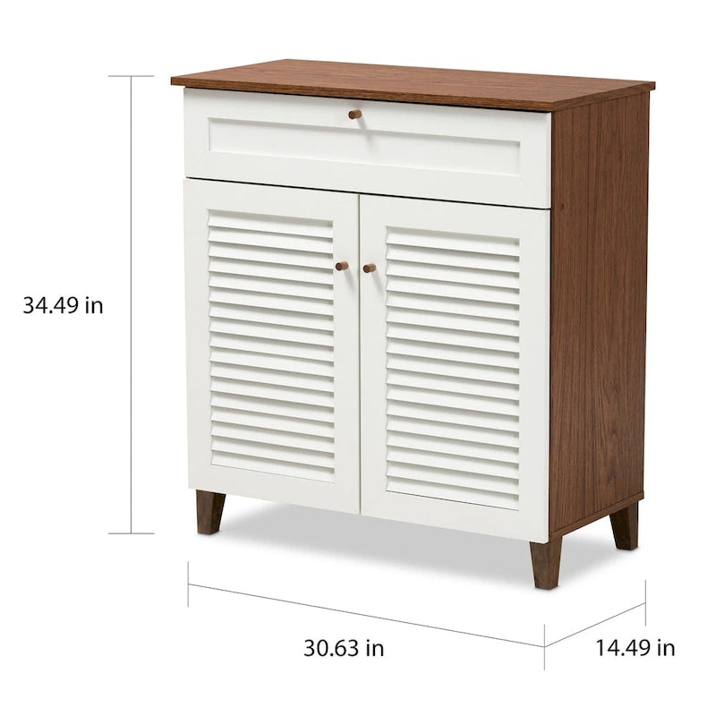 Walnut & White 4-Shelf Shoe Cabinet with Drawer – Fits 12 Pairs