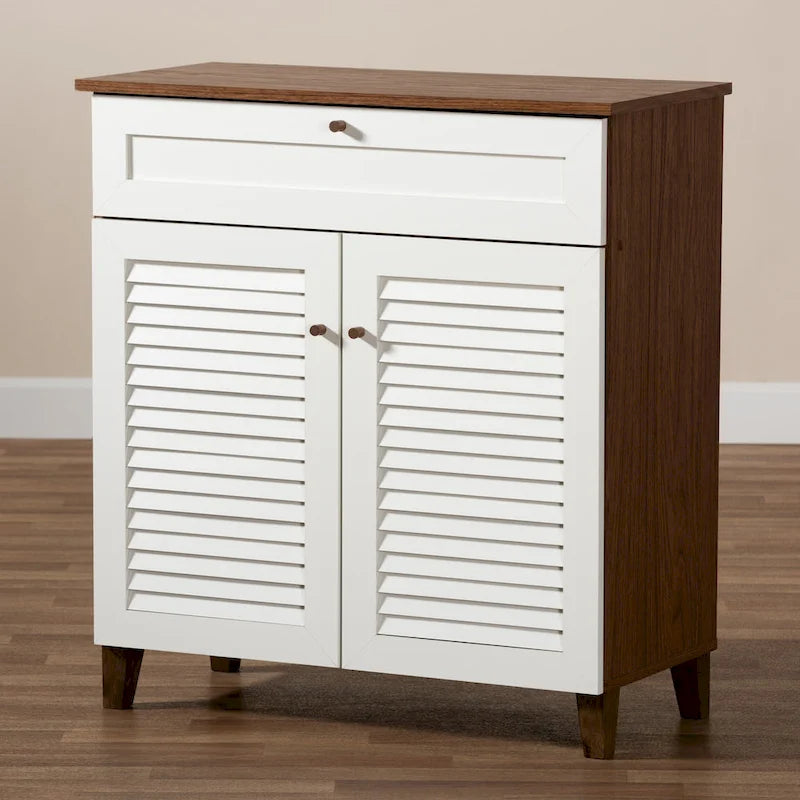 Walnut & White 4-Shelf Shoe Cabinet with Drawer – Fits 12 Pairs