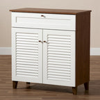 Walnut & White 4-Shelf Shoe Cabinet with Drawer – Fits 12 Pairs