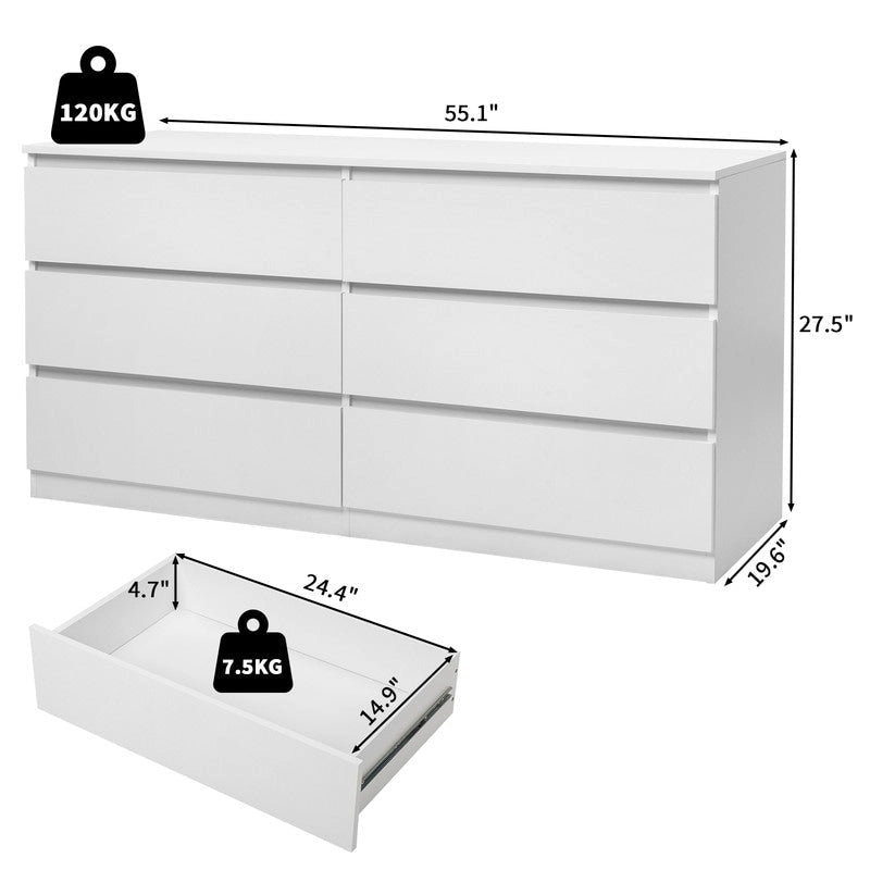 Black/White 6-Drawer Wood Dresser for Bedroom