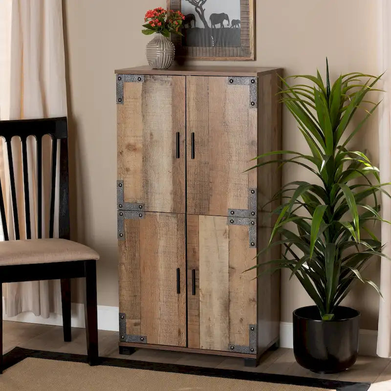 Brown Rustic 4-Door Shoe Cabinet, Holds up to 18 Pairs
