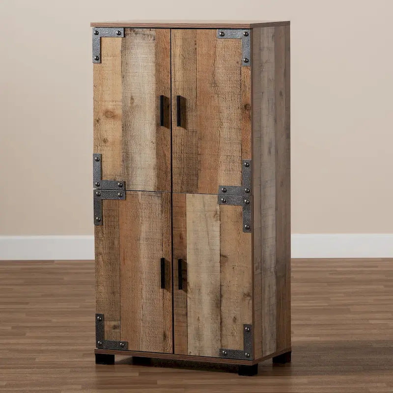 Brown Rustic 4-Door Shoe Cabinet, Holds up to 18 Pairs