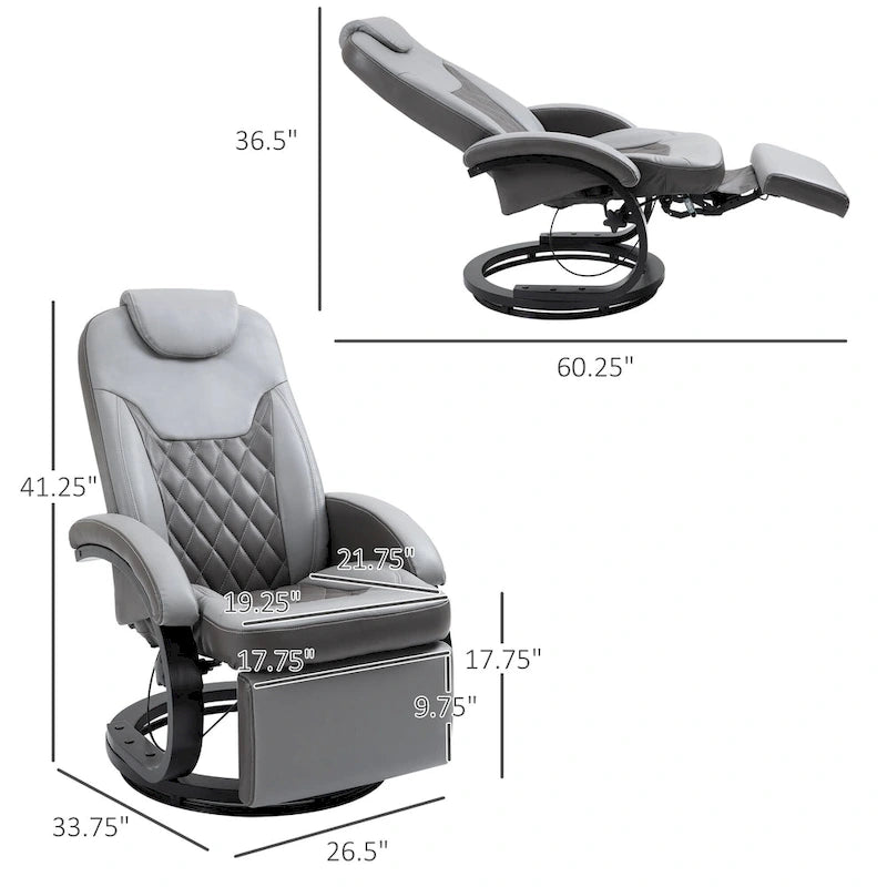 Grey PU Swivel Recliner Chair with Footrest & Headrest, for 1 Person